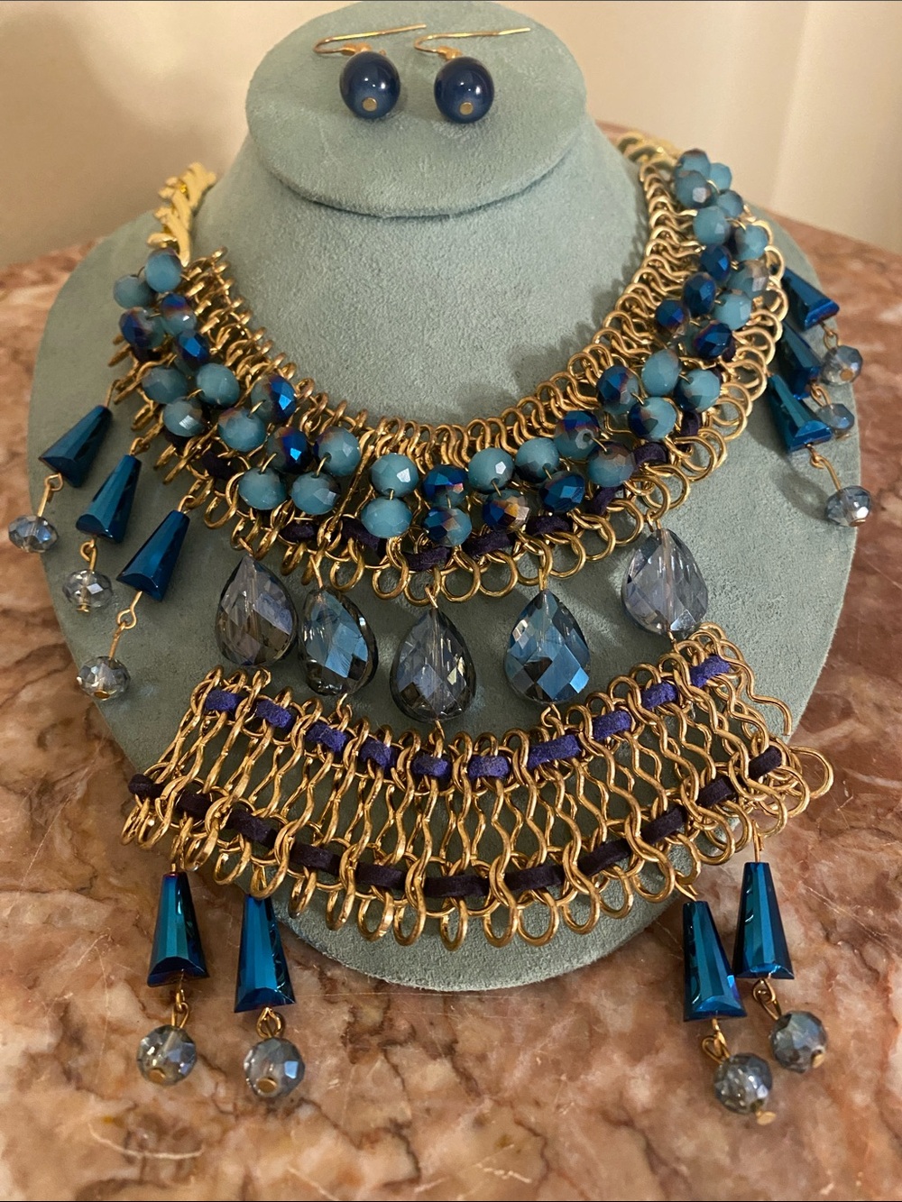 Alle Blue Beaded Gold tone Statement Bib Necklace Set Gold Tone with Earrings